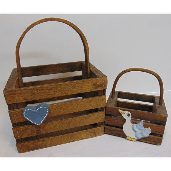 Baskets Wood Slat Duck Heart Hand Basket Round Handle Decorative Vintage - Picture 1 of 7